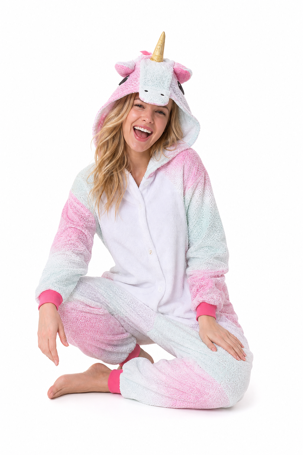 Adult Hooded Pink & Mint Glitter Ombre Unicorn Kigurumi Onesie - Image 5