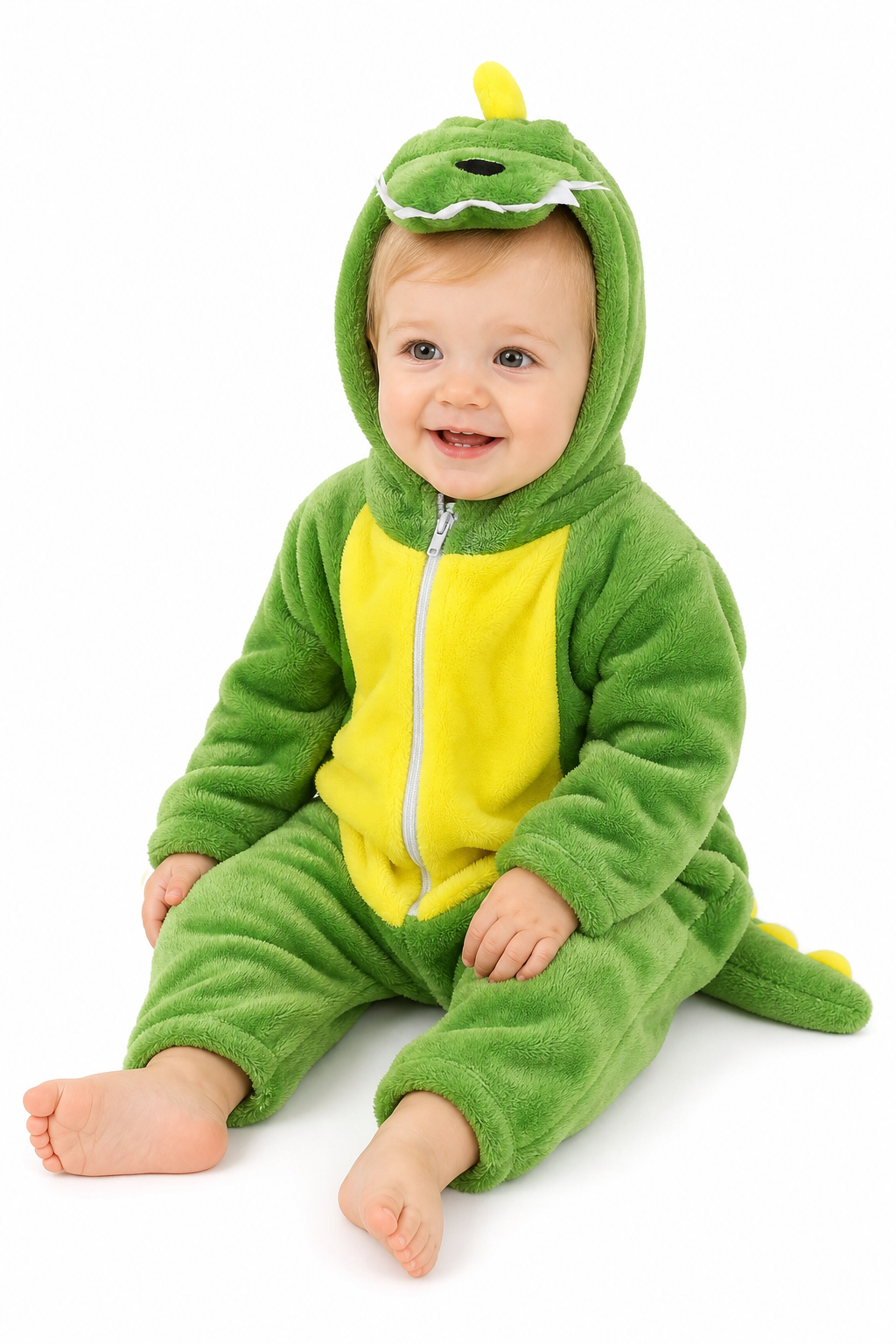 Green Plush Hooded Dinosaur Baby Kigurumi Onesie with Feet - Image 3