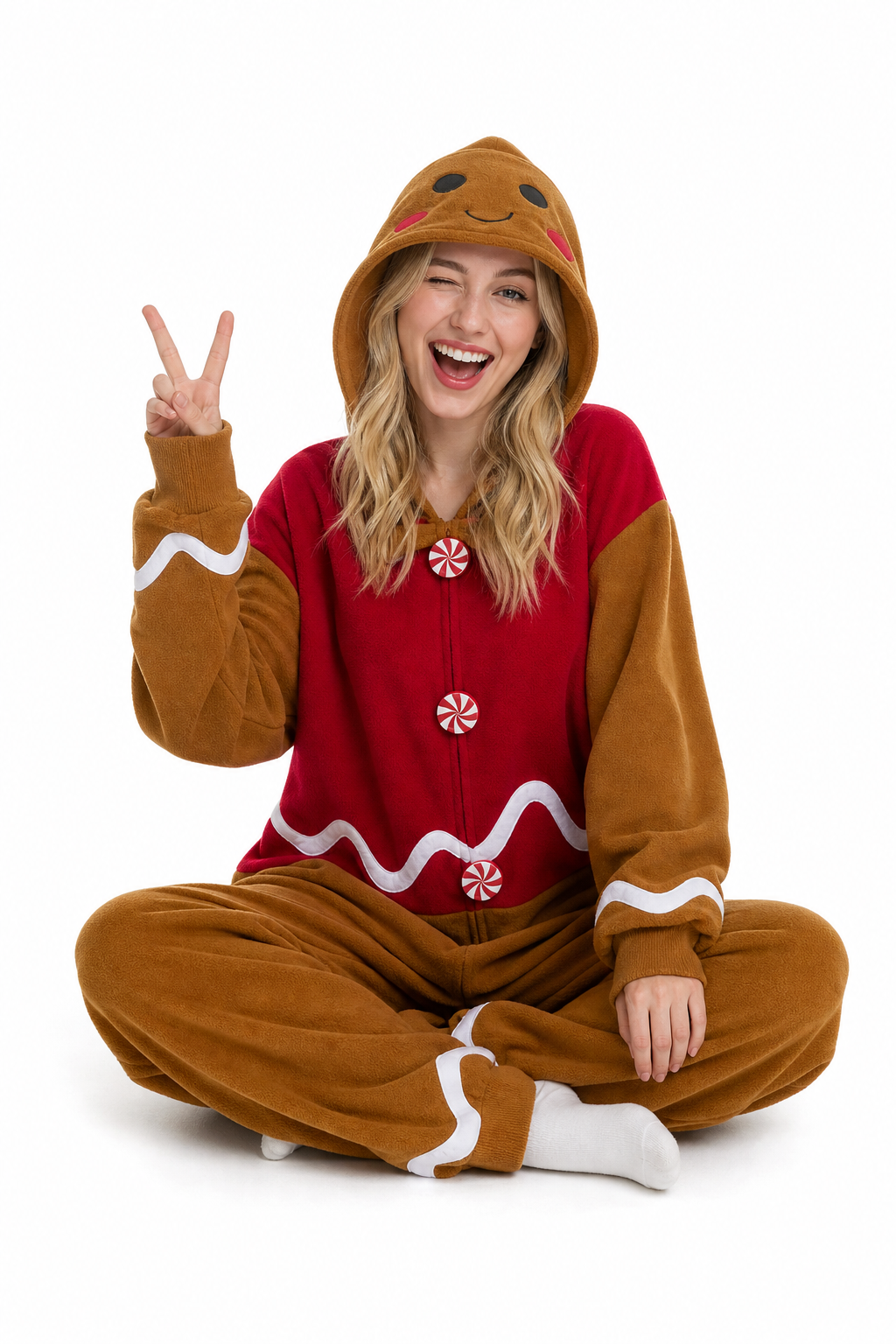 Adult Fleece Gingerbread Man Onesie with Candy Buttons - Image 5