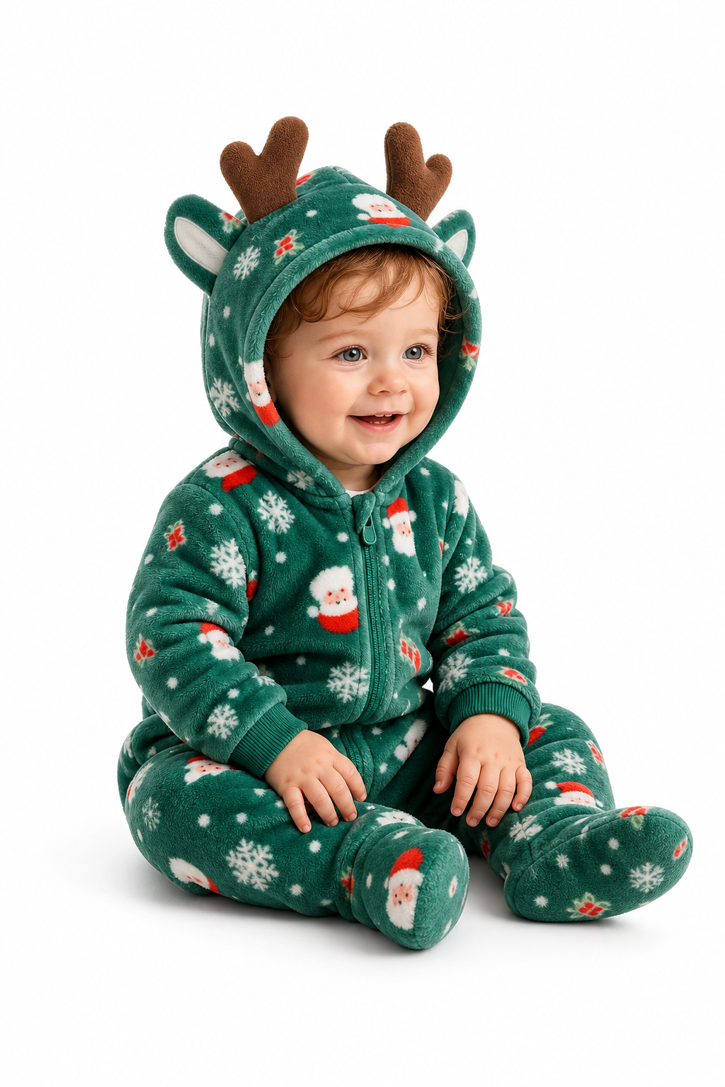 Baby Plush Green Santa Reindeer Hooded Onesie - Image 3