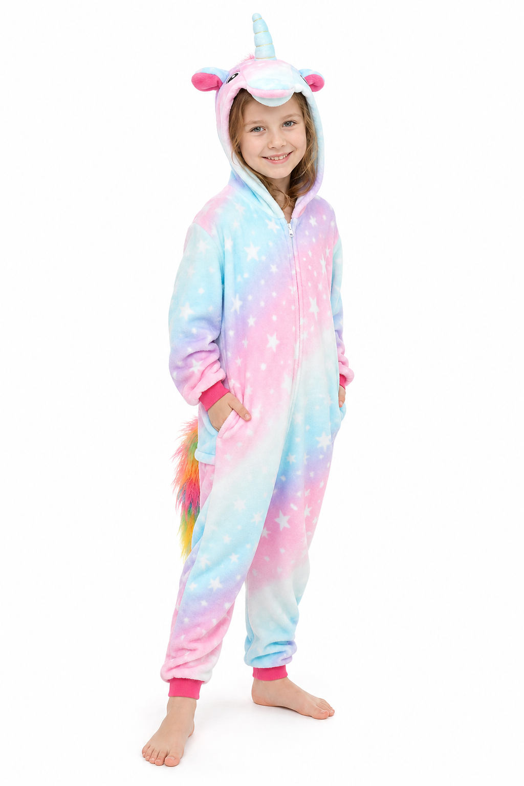 Kids' Hooded Pink and Blue Pastel Star Unicorn Kigurumi Onesie - Image 3