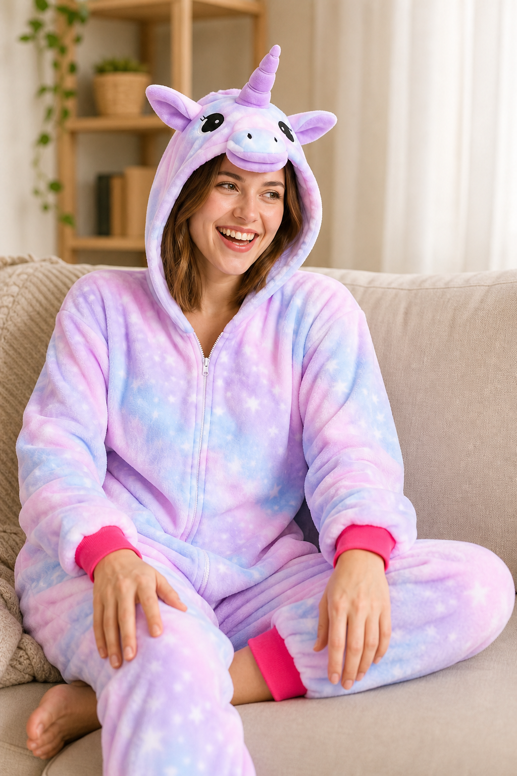 Adult Hooded Pastel Purple Starry Sky Unicorn Kigurumi Onesie - Image 6