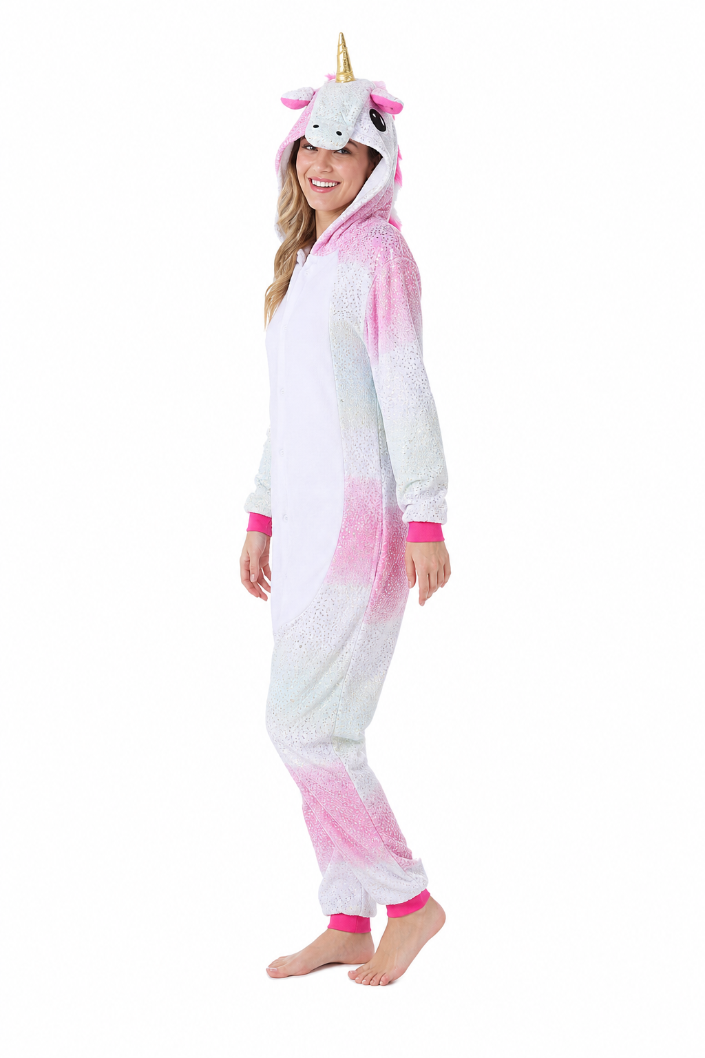 Adult Hooded Pink & Mint Glitter Ombre Unicorn Kigurumi Onesie - Image 2