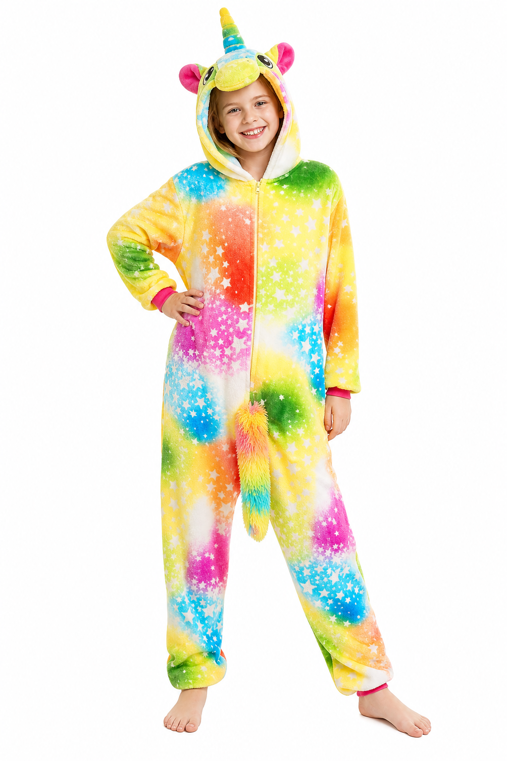 Kids' Hooded Yellow Rainbow Star Unicorn Kigurumi Costume Onesie - Image 2