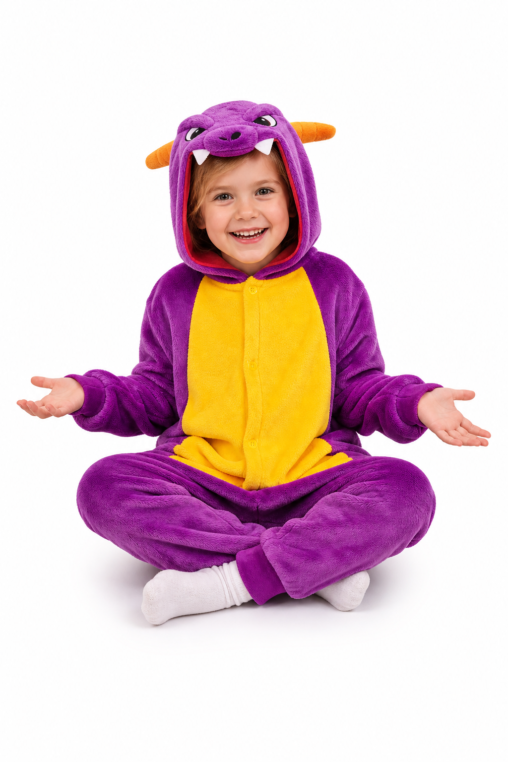 Kids' Hooded Purple Dinosaur Kigurumi Costume Onesie - Image 5