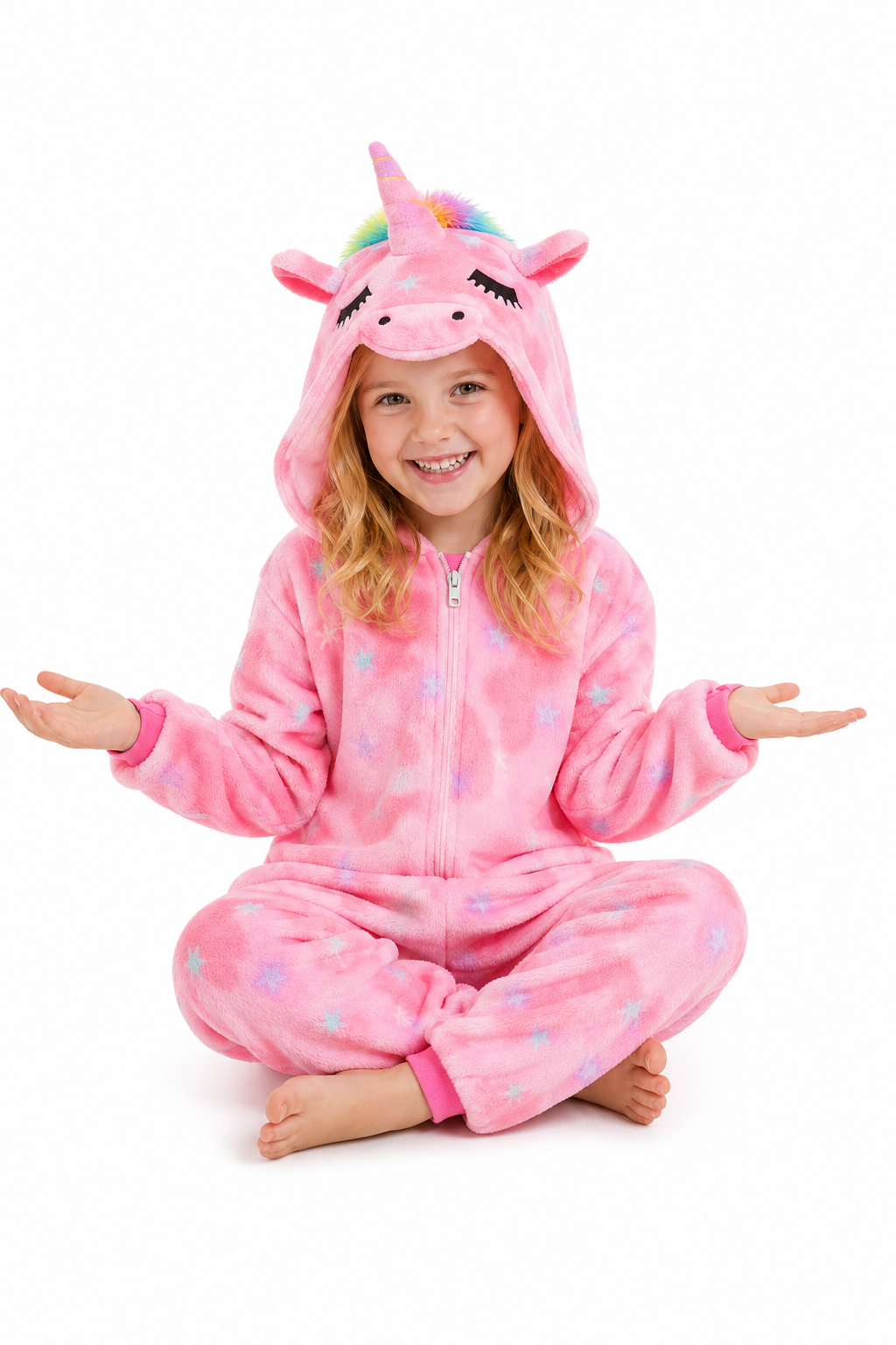 Kids' Hooded Pink Tie-Dye Rainbow-Tail Unicorn Plush Kigurumi Onesie - Image 5