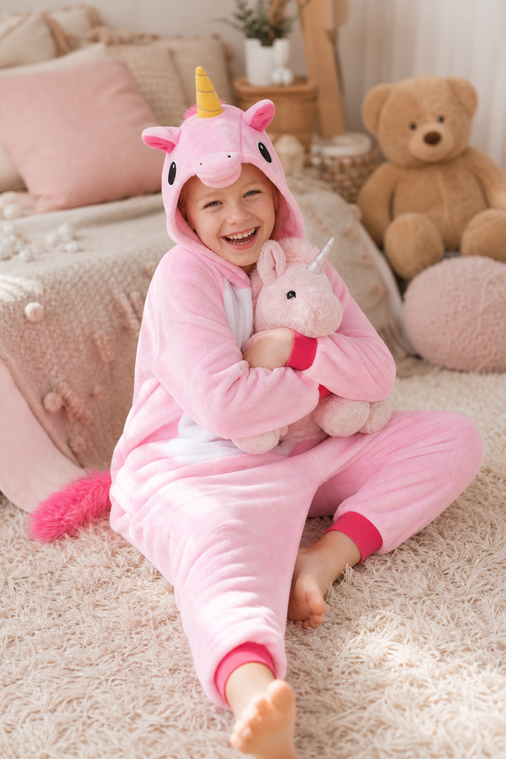 Kids' Hooded Solid Pink Unicorn Kigurumi Onesie - Image 6