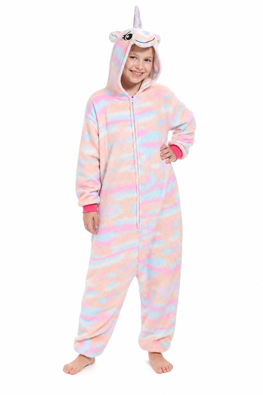 Kids' Hooded Pastel Pink and Blue Tie-Dye Unicorn Plush Kigurumi Onesie - Image 2