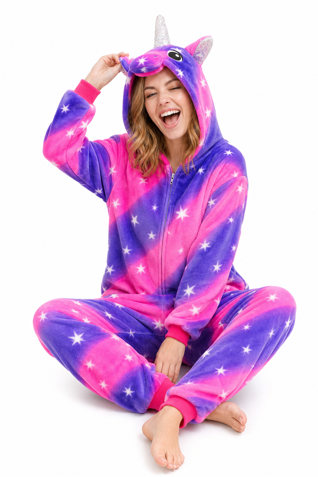 Adult Hooded Neon Pink & Blue Star Stripe Unicorn Kigurumi Onesie - Image 5