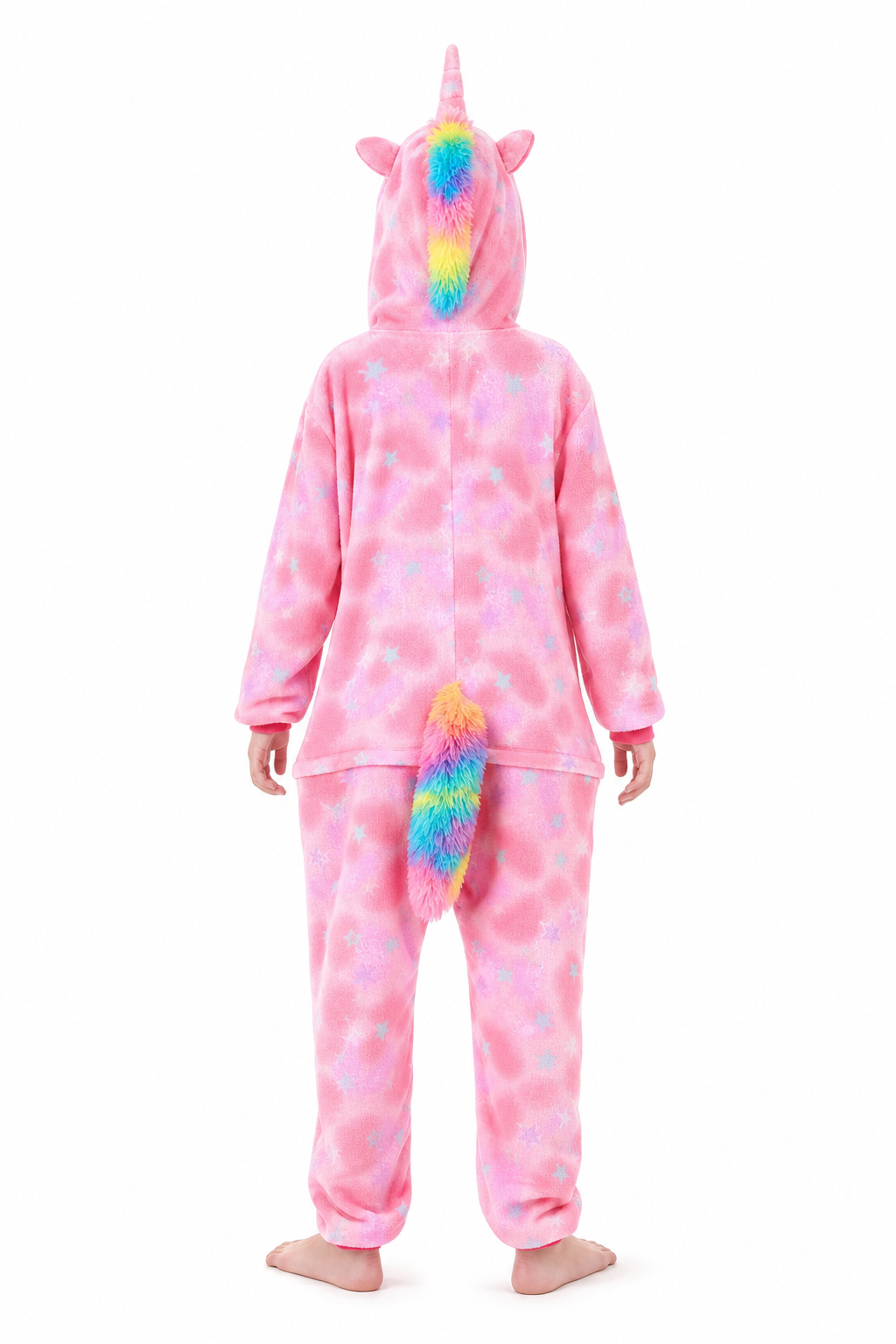 Kids' Hooded Pink Tie-Dye Rainbow-Tail Unicorn Plush Kigurumi Onesie - Image 4