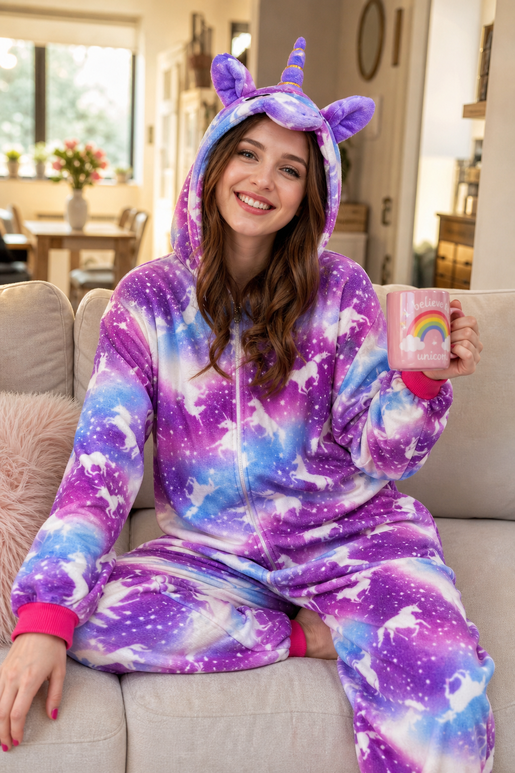 Adult Hooded Pink & Purple Galaxy Unicorn Kigurumi Onesie - Image 6