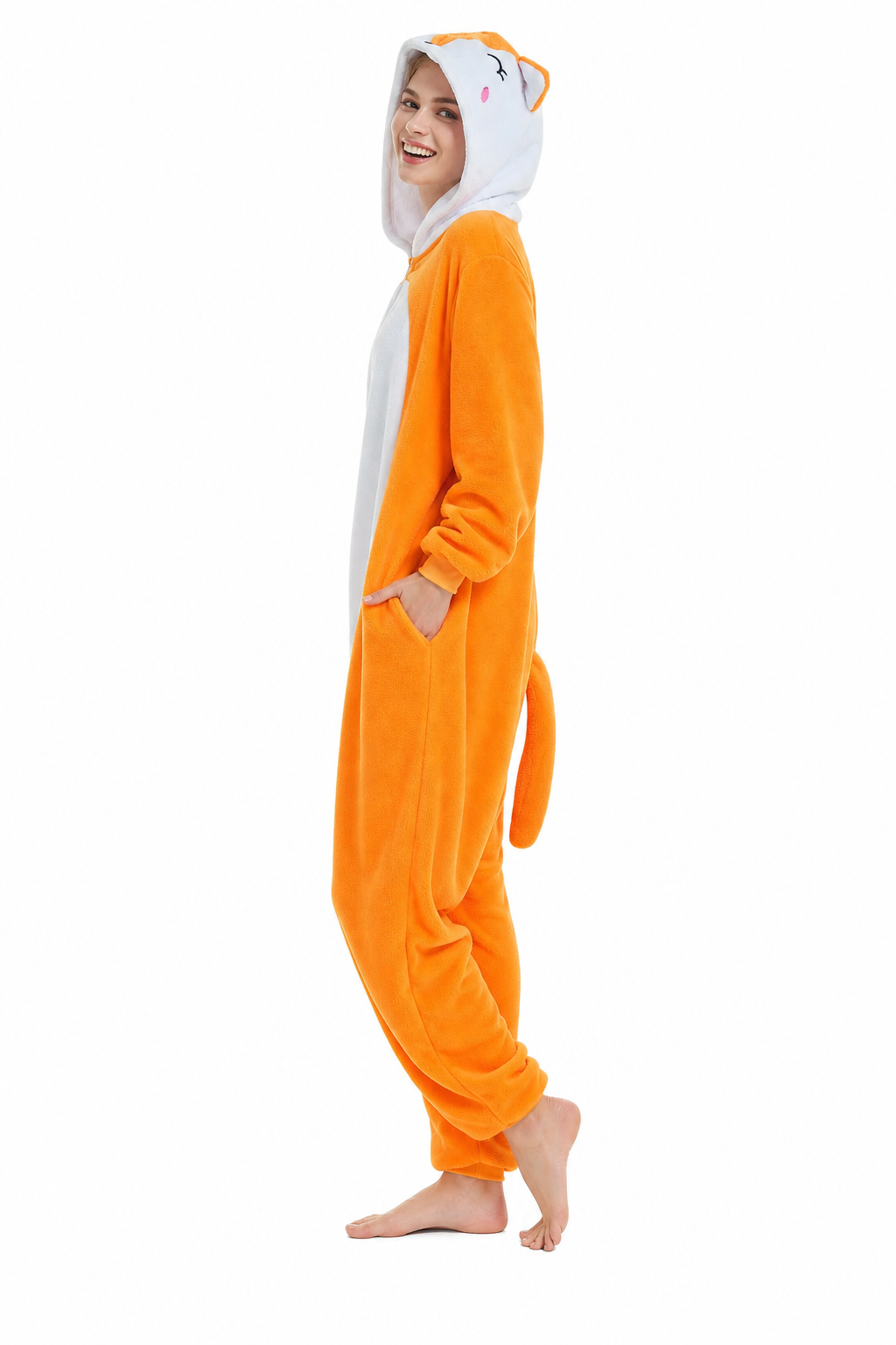 Adult Hooded Blushing Orange Fox Kigurumi Onesie - Image 2