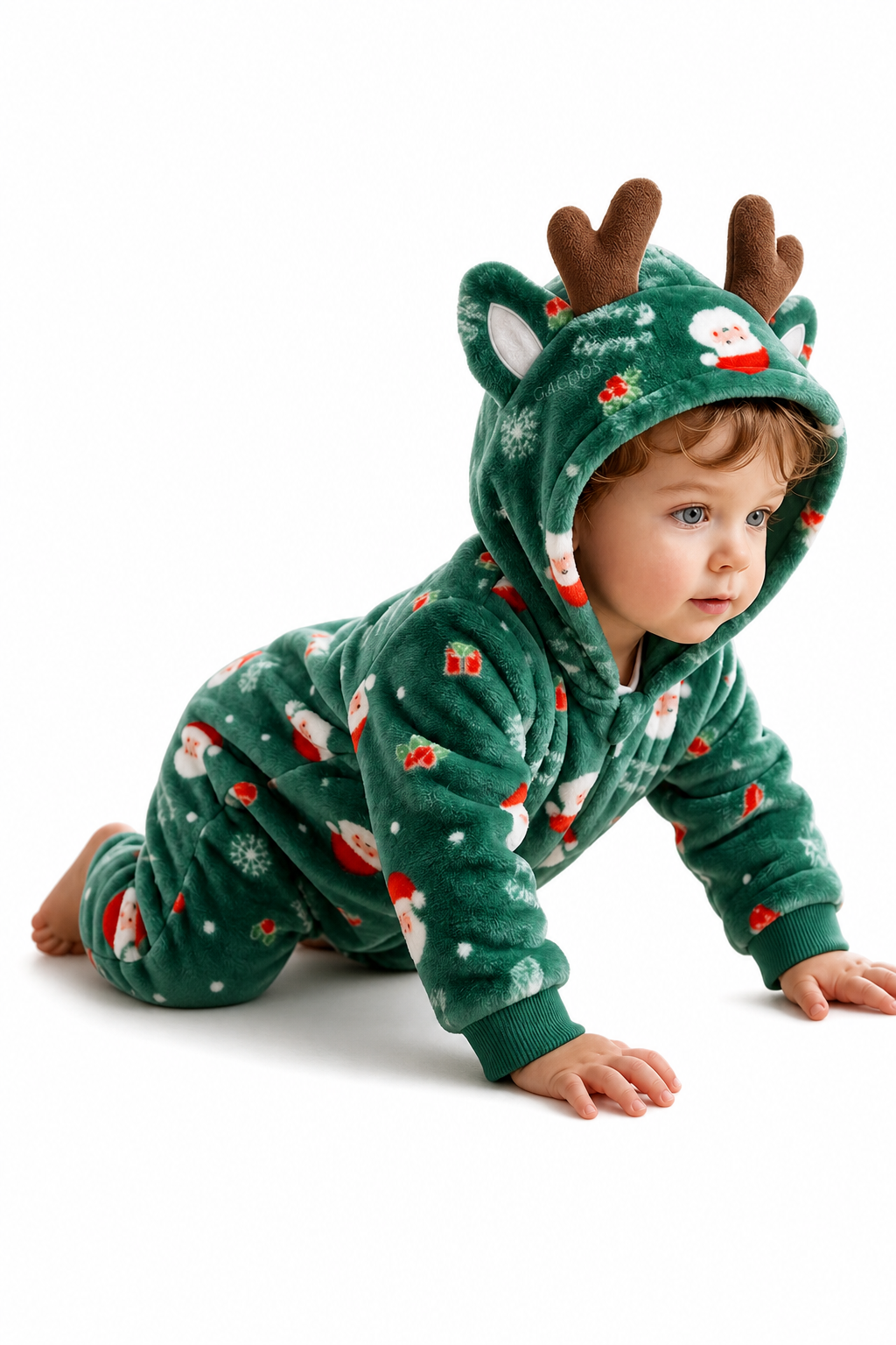 Baby Plush Green Santa Reindeer Hooded Onesie - Image 2