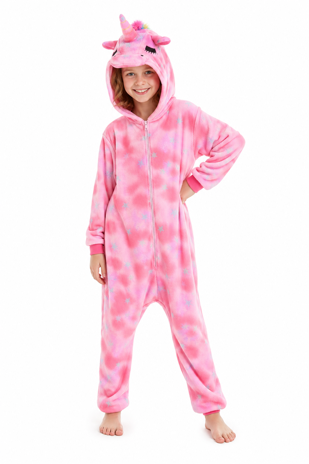 Kids' Hooded Pink Tie-Dye Rainbow-Tail Unicorn Plush Kigurumi Onesie - Image 2