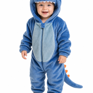 Baby Blue Plush Hooded Dinosaur Romper