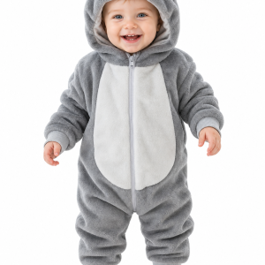 Cute Gray Plush Animal Hooded Baby Jumpsuit