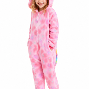Girl's Pink Unicorn Plush Onesie with Glitter Stars