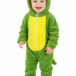 Green Plush Hooded Dinosaur Baby Jumpsuit with Feet