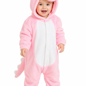 Hooded Pink Plush Baby Dino Onesie
