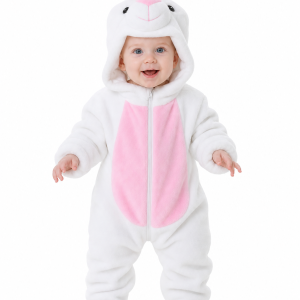 Infant White Rabbit Plush Onesie with Pink Belly