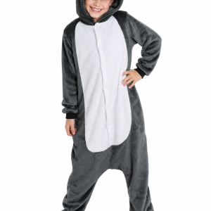 Kids' Cozy Gray Wolf Hooded Plush Onesie