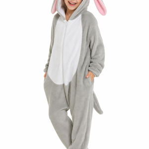 Kids' Gray Plush Bunny Hooded Onesie
