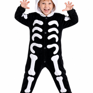 Kids Hooded Black Skeleton Plush Costume