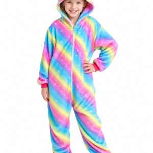 Kids' Plush Rainbow Stripe Unicorn Hooded Onesie