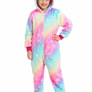 Kids' Plush Unicorn Hooded Onesie with Pastel Rainbow Stars