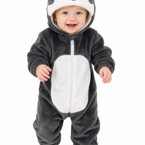 Plush Grey Husky Hooded Infant Romper