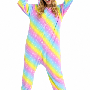 Plush Rainbow Unicorn Onesie with Star Pattern