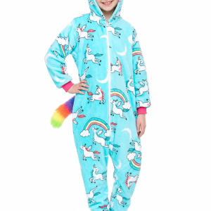 Plush Teal Unicorn Kids' Onesie with Rainbow Tail