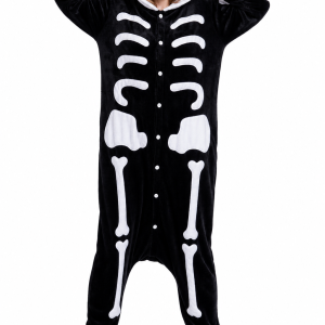 Unisex Hooded Plush Black and White Skeleton Kigurumi