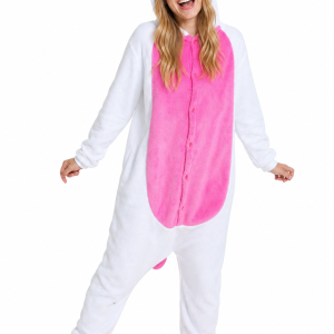 Unisex Plush White & Pink Unicorn Onesie with Paw Slippers